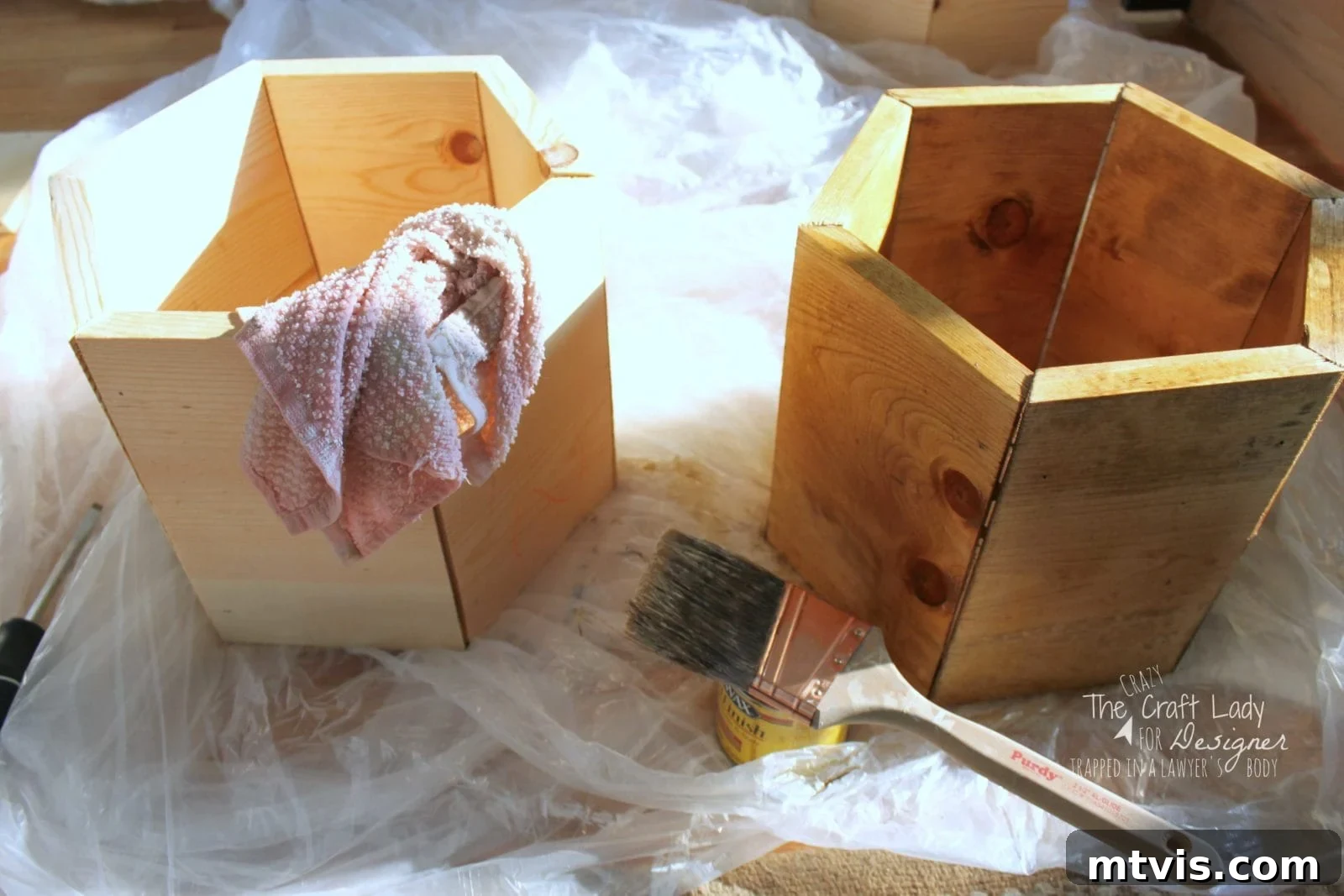 Honeycomb Shoe Organizer 14 Two deep hexagonal shoe cubbies, one stained and one unstained, on a drop cloth next to a small container of stain and a paint brush. These honeycombs-style organizers are used in a DIY shoe rack made from an IKEA Billy bookcase.