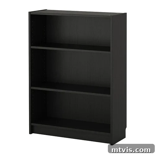 Honeycomb Shoe Organizer 5 Product picture of IKEA's Billy Bookcase in a dark stain on a stark white background. This bookcase will be transformed into a DIY shoe rack.