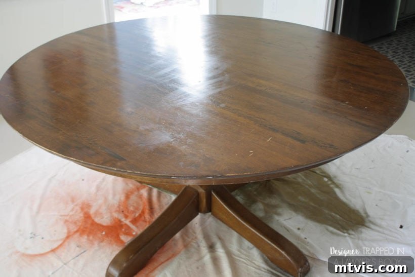 Easy Table Makeover: No Sanding, No Stripping 3 Dining table before refinishing, showing extensive wear and tear