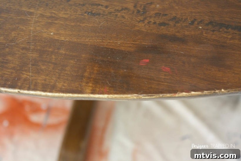 Easy Table Makeover: No Sanding, No Stripping 5 Damaged table edge with significant wear and exposed wood