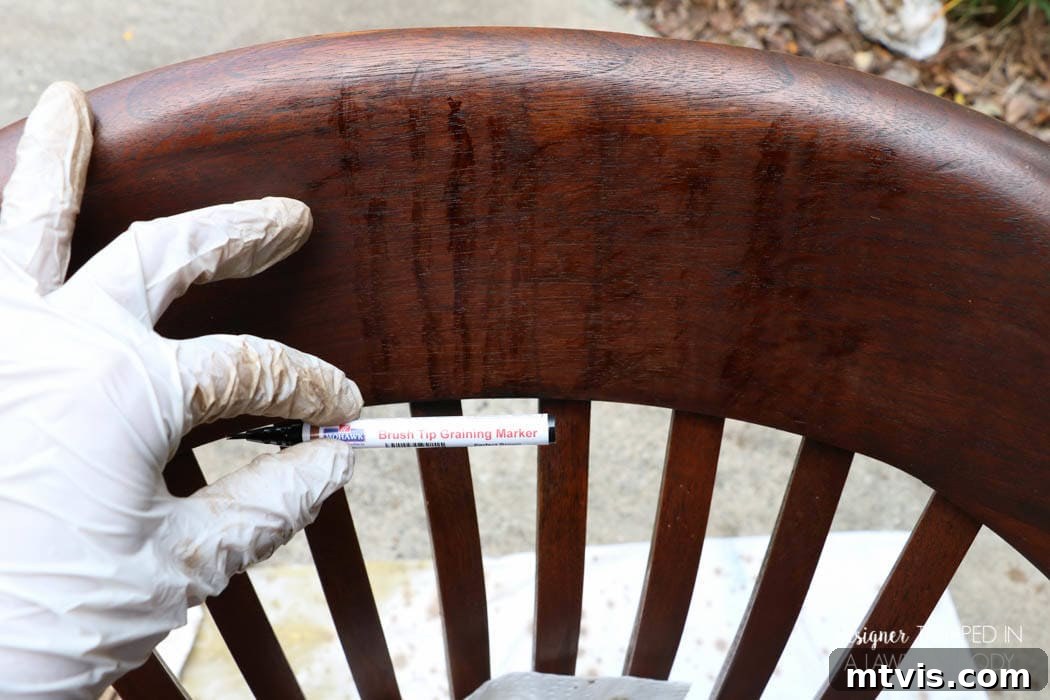 Effortless Wood Chair Refinishing 13 Using Mohawk brush tip graining markers to blend and camouflage drip marks on the wood chair's back support, achieving a flawless look.