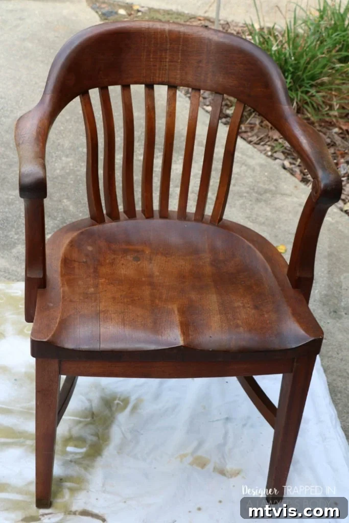 Effortless Wood Chair Refinishing 18 BEFORE: Close-up of the second antique wood chair's backrest with unsightly drip marks.